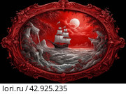 Phantasmagoric seascape framed with lush baroque ornaments. In the center of the picture is a ship with white sails, cutting through the stormy waves of a blood-red sea under the light of a scarlet sky and a full moon. Стоковое AI-изображение, AI-художник Анна Кривицкая / Фотобанк Лори
