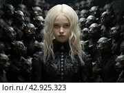 A girl with pale skin and platinum hair against the background of a crowd of identical dark figures of monsters with glowing eyes. The image evokes thoughts of the contrast between individuality and monotony, humanity and the impersonal mass. Стоковое AI-изображение, AI-художник Анна Кривицкая / Фотобанк Лори