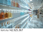 Interior interior of a modern cosmetics store with rows of neatly organized products displayed on illuminated shelves. The interior features clean lines, shiny marble floors with reflections and stylish lighting that creates a subdued atmosphere. The store appears spacious and empty, reinforcing the feeling of exclusivity and high quality of the products on offer. Стоковое AI-изображение, AI-художник Анна Кривицкая / Фотобанк Лори