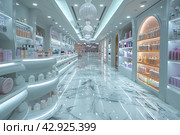 Interior interior of a modern cosmetics store with rows of neatly organized products displayed on illuminated shelves. The interior features clean lines, shiny marble floors with reflections and stylish lighting that creates a subdued atmosphere. The store appears spacious and empty, reinforcing the feeling of exclusivity and high quality of the products on offer. Стоковое AI-изображение, AI-художник Анна Кривицкая / Фотобанк Лори
