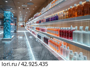 Interior interior of a modern cosmetics store with rows of neatly organized products displayed on illuminated shelves. The interior features clean lines, shiny marble floors with reflections and stylish lighting that creates a subdued atmosphere. The store appears spacious and empty, reinforcing the feeling of exclusivity and high quality of the products on offer. Стоковое AI-изображение, AI-художник Анна Кривицкая / Фотобанк Лори