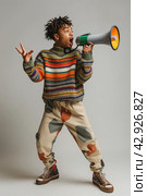 Expressive Young Man with Megaphone. Стоковое AI-изображение, AI-художник Кирилл Черезов / Фотобанк Лори