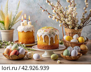 Orthodox Easter. Easter cake, painted eggs, icons, faces of saints, flowers, church candles and Easter decor on a wooden table in an old village house. Стоковое AI-изображение, AI-художник Photojuli / Фотобанк Лори