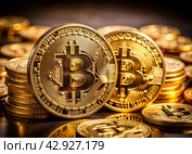 Cryptocurrency. Gold coins are bitcoins. An image created with the help of artificial intelligence. Стоковое AI-изображение, AI-художник Photojuli / Фотобанк Лори