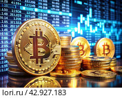 Cryptocurrency. Gold coins are bitcoins. An image created with the help of artificial intelligence. Стоковое AI-изображение, AI-художник Photojuli / Фотобанк Лори