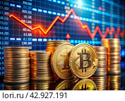 Cryptocurrency. Gold coins are bitcoins with the exchange rate on the virtual screen. The fall of Bitcoin. The red arrow points down. An image created with the help of artificial intelligence. Стоковое AI-изображение, AI-художник Photojuli / Фотобанк Лори