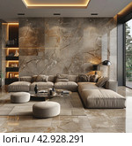 Modern living area with designer furniture and stylish interior. The room is decorated in warm, neutral colors, with beige and brown shades predominating. The floor and one of the walls are lined with marble with characteristic inclusions. Стоковое AI-изображение, AI-художник Анна Кривицкая / Фотобанк Лори