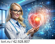 Medicine a young beautiful girl is a cardiologist with glasses in an office with a stethoscope. Red numeric codes in the form of a heart rhythm on a virtual screen. Digital technologies of the future. Стоковое AI-изображение, AI-художник Photojuli / Фотобанк Лори