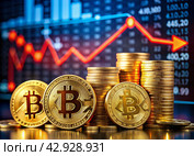 Cryptocurrency. Gold coins are bitcoins with the exchange rate on the virtual screen. The fall of Bitcoin. The red arrow points down. An image created with the help of artificial intelligence. Стоковое AI-изображение, AI-художник Photojuli / Фотобанк Лори