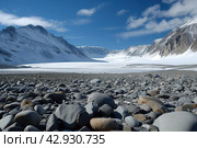 Antarctic oasis landscape, area free of snow and ice in the otherwise ice-covered continent. Стоковое AI-изображение, AI-художник Евгений Харитонов / Фотобанк Лори