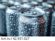 Realistic aluminum cans with water drops. Metallic cans for beer, soda, lemonade, juice, energy drink. mockup, blank with copy space. Стоковое AI-изображение, AI-художник Ирина Михайличенко / Фотобанк Лори
