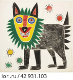An abstract, vibrant and cartoonish drawing of a wolf with incongruous body sizes and shapes. The dog's head is depicted with large, multi-colored and asymmetrical eyes. Стоковое AI-изображение, AI-художник Анна Кривицкая / Фотобанк Лори