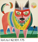 An abstract, vibrant and cartoonish drawing of a wolf with incongruous body sizes and shapes. The dog's head is depicted with large, multi-colored and asymmetrical eyes. Стоковое AI-изображение, AI-художник Анна Кривицкая / Фотобанк Лори