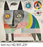 An abstract, vibrant and cartoonish drawing of a wolf with incongruous body sizes and shapes. The dog's head is depicted with large, multi-colored and asymmetrical eyes. Стоковое AI-изображение, AI-художник Анна Кривицкая / Фотобанк Лори