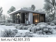 Modern house with a flat roof, large panoramic windows and minimalist design. The building is surrounded by nature, with trees covered in frost visible in the background. The bushes around the house are covered with snow, indicating the winter season. The facade of the house is made in gray and black tones, creating a stylish and discreet image. This could be an example of Art Nouveau or high-tech architecture. Стоковое AI-изображение, AI-художник Анна Кривицкая / Фотобанк Лори