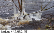 Ice is water in a solid state of aggregation. Ice icicles and stalactites on tree branches near the water. Spring flood. water forms crystals of one crystalline modification - the hexagonal system. Стоковое видео, видеограф Юлия Петровская / Фотобанк Лори