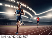 Athlete running race against composite image of athletes running at stadium. Стоковое AI-изображение, AI-художник Tae Mi / Фотобанк Лори