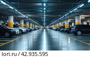 modern underground parking with many cars. Стоковое AI-изображение, AI-художник Александр Довянский / Фотобанк Лори