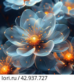 Abstract flowers filled with inner light and surrounded by luminous particles. Flower petals are created from a translucent substance, allowing internal light to softly shine through them, creating a feeling of depth and volume. Стоковое AI-изображение, AI-художник Анна Кривицкая / Фотобанк Лори