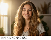 Longhaired millennial woman smiles in room interior background. Стоковое фото, фотограф Ольга Сергеева / Фотобанк Лори