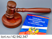 Судейский молоток и уголовно-процессуальный кодекс (УПК РФ) (2024 год). Редакционное фото, фотограф Анна Аникова / Фотобанк Лори