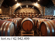many oak barrels for maturing wine in a large wine cellar. Стоковое AI-изображение, AI-художник Александр Довянский / Фотобанк Лори