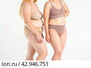 Two overweight women with cellulitis, fat flabby bellies, legs, hands, hips and buttocks on gray background, obese female body, liposuction and plastic surgery concept. Стоковое фото, фотограф Станислав Тарко / Фотобанк Лори
