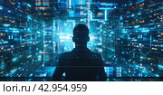 Person silhouette against glowing digital backdrop. Male standing on a flow of data showing cyber threats, vulnerabilities. VR environment screens displaying coding. AI Artificial Intelligence concept. Стоковое AI-изображение, AI-художник Марина Демидюк / Фотобанк Лори