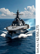 Battleship warship corvette sailing in blue open sea. Military ship floats at skyline scenery, military control of sea. Protection of water state borders. Naval forces army concept. Copy ad text space. Стоковое AI-изображение, AI-художник Aleksandr Golubev / Фотобанк Лори