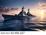 View of naval warship under sunset evening sky, mission military control of open sea. Skyline scenery of battleship on protection of water state borders. Naval forces army concept. Copy ad text space. Стоковое AI-изображение, AI-художник Aleksandr Golubev / Фотобанк Лори