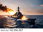 Modern warship is burning on high seas after being hit by missile at sunset background. Scenery of battle battleship on protection of water state borders. Naval forces army concept. Copy ad text space. Стоковое AI-изображение, AI-художник Aleksandr Golubev / Фотобанк Лори