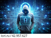 Data protection. Digital technology, software development concept. A hacker works on a laptop, exposing financial secret information on the network. digital codes on a virtual screen. Стоковое AI-изображение, AI-художник Оксана Медведева / Фотобанк Лори