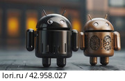 Two stylized android robots stand side by side, one black and one bronze, showcasing intricate mechanical designs, in a cityscape backdrop. Стоковое AI-видео, аниматор Lena Bereberdina / Фотобанк Лори
