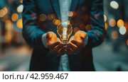 Man Holding Light Bulb. Стоковое AI-изображение, AI-художник Юлия Гапеенко / Фотобанк Лори