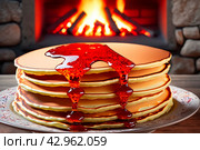 Pancakes With Jam Near The Owen AI Generated. Стоковое AI-изображение, AI-художник Андрей Скат / Фотобанк Лори