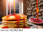Pancakes With Jam Near The Owen AI Generated. Стоковое AI-изображение, AI-художник Андрей Скат / Фотобанк Лори