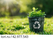 Green Plant growing in a pot with recycle symbol icon, eco sign. Bokeh blur natural background. Copy space for text. Saving the Earth, Earth Day, environmental sustainability. Reforestation. Стоковое AI-изображение, AI-художник Марина Демидюк / Фотобанк Лори