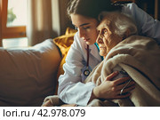A young granddaughter comforts and hugs an old grandmother lying in bed. Taking care of the older generation. Стоковое AI-изображение, AI-художник Ярославский Максим / Фотобанк Лори