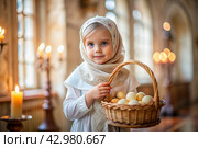 Happy bright Easter. Christianity. Portrait of a three-year-old girl in a Russian folk dress and shawl with a wicker basket with Easter eggs in her hands against the background of an Orthodox church. Стоковое AI-изображение, AI-художник Photojuli / Фотобанк Лори