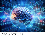 Digital technologies of the future. Artificial intelligence. The brain and digital codes on a virtual screen. The image was created using artificial intelligence. Стоковое AI-изображение, AI-художник Photojuli / Фотобанк Лори