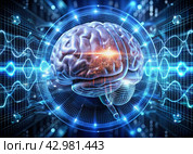 Digital technologies of the future. Artificial intelligence. The brain and digital codes on a virtual screen. The image was created using artificial intelligence. Стоковое AI-изображение, AI-художник Photojuli / Фотобанк Лори