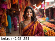 Portrait of a smiling indian woman at the market in India. Стоковое AI-изображение, AI-художник Васильева Юлия / Фотобанк Лори