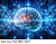 Digital technologies of the future. Artificial intelligence. The brain and digital codes on a virtual screen. The image was created using artificial intelligence. Стоковое AI-изображение, AI-художник Photojuli / Фотобанк Лори