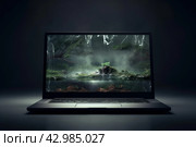 Illuminated Photo of open laptop screen on black surface. Generate ai. Стоковое AI-изображение, AI-художник Иван Рябоконь / Фотобанк Лори
