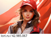 Красивая девушка в спортивном костюме и бейсболке на фоне красного флага. Стоковое AI-изображение, AI-художник Щеголева Ольга / Фотобанк Лори