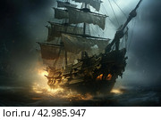 Seafaring Pirate sailing ghost ship sunshine. Generate Ai. Стоковое AI-изображение, AI-художник Иван Рябоконь / Фотобанк Лори