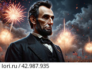 Abraham Lincoln on the background of the American flag with a firework. Generative AI. Стоковое AI-изображение, AI-художник Ильин Сергей / Фотобанк Лори