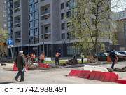 Город Москва. Ремонтные работы на улице Академика Комарова рядом с новым домом, построенным в рамках городского проекта реновации жилого фонда. Рабочие меняют бордюрный камень (2024 год). Редакционное фото, фотограф Наталья Николаева / Фотобанк Лори