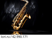 Saxophone instrument background. Generate Ai. Стоковое AI-изображение, AI-художник Иван Рябоконь / Фотобанк Лори