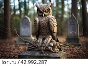 Owl on cemetery gravestone in darkness. Generate ai. Стоковое AI-изображение, AI-художник Иван Рябоконь / Фотобанк Лори